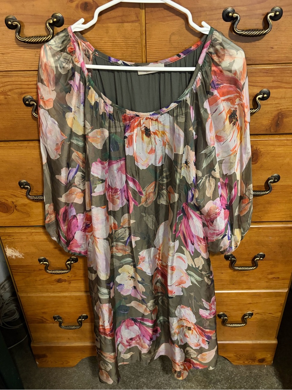 Women’s Floral Cold-Shoulder Dress in Olive with Pink Accent